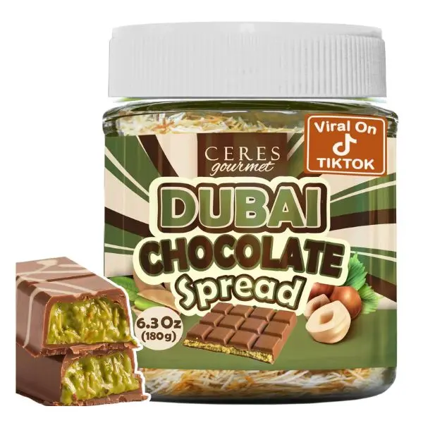 Chocolate Spread with Pistachio & Kataifi, 6.3 oz Jar, Dubai-Style Filling for Pancakes, Breakfast, Snacks & Desserts
