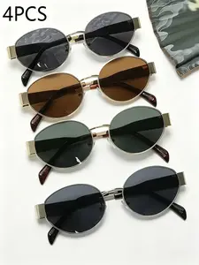 2026 New 4pcs Women's Retro Metal Oval Frame Glasses, Anti-Glare, UV Protection, Wide Temple, Ideal for Daily Wear, Driving, Valentine's Gift