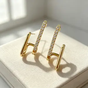 Gold Double Hoop CZ Stud Earrings| Huggie Style Design| Perfect Daily & Party Jewelry
