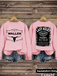 Women's Casual Wallen Last Night Letter Print Sweatshirt, Soft Long Sleeve Round Neck Pullover, All-Season Wear
