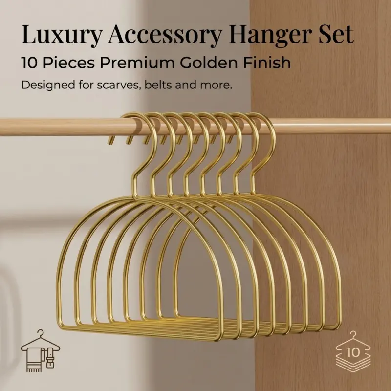10-Piece Luxury Gold Scarf Hanger Set, Non-Slip Metal Accessory Organizer for Scarves, Belts & Accessories, Space-Saving Closet Hangers