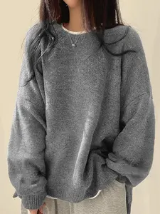 Women's Drop Shoulder Split Hem Sweater, Casual Long Sleeve Round Neck Jumper, Women's Knitwear Top for Fall & Winter, Sweaters for Women