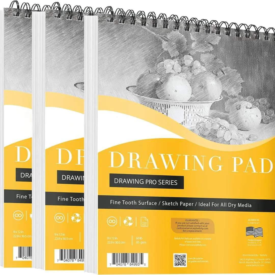 3 x Drawing Paper Pads 9” x 12” | 300 Sheets | 60lbs 85g | Acid Free Sketchbook Paper for Dry Media | Top Spiral Bound Sketchpad for Kids, Beginners, Artists & Professionals