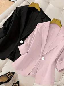 New Linen Texture Women's Blazer Jacket, Simple Lapel Single Button Design, Breathable Fabric, Comfortable Fit, Versatile for Daily Commute & Casual