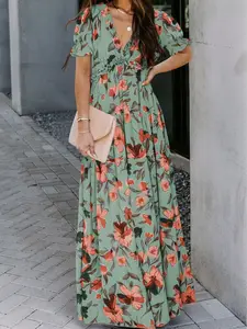 Women's Floral Print Frilled V Neck Short Sleeve Maxi Dresses Summer Beach Vacation Ruffled Sun Gowns Casual Daily Party Outfits Bohemian