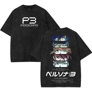 Persona 3 Game Washed Tshirt Oversize 2 Sided Cotton unisex graphic game movie Tops graphic tee game acid wash