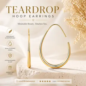 14K Gold Plated 925 Sterling Silver Post Lightweight Teardrop Hoop Earrings for Women - Oval Pull-Through Statement Earrings