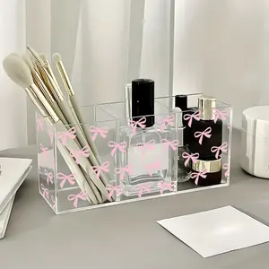 1 pink bow acrylic plastic vanity organizer with 3 storage compartments - cute makeup stand, compact and space-saving shelf, suitable for bathrooms, offices, and vanity tables - easy to assemble, durable plastic, perfume storage box