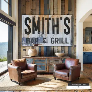 Custom Rustic Bar Sign - Personalized Canvas with Distressed White and Rust Tones