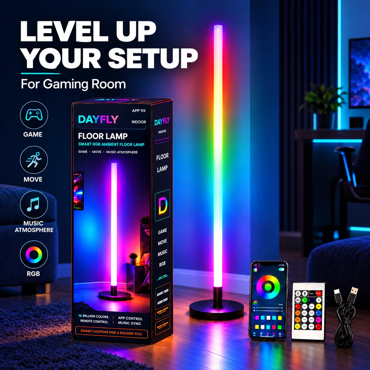 1PC/2PC RGBIC Smart Floor Floor Lamp for Gaming Room with App Control Music Sync and 16 Million Colors, bedroom, livingroom