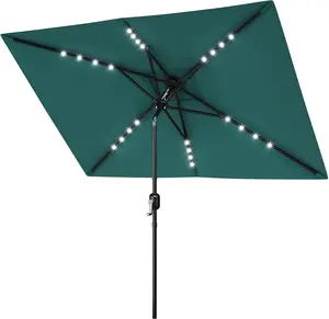 10' x 6.5' Solar Rectangular Patio Umbrella with Lights, Outdoor Table Umbrella with Crank and Push Button Tilt, Market Umbrella with 6 Sturdy Ribs Tilt for Garden, Deck, Lawn, Pool