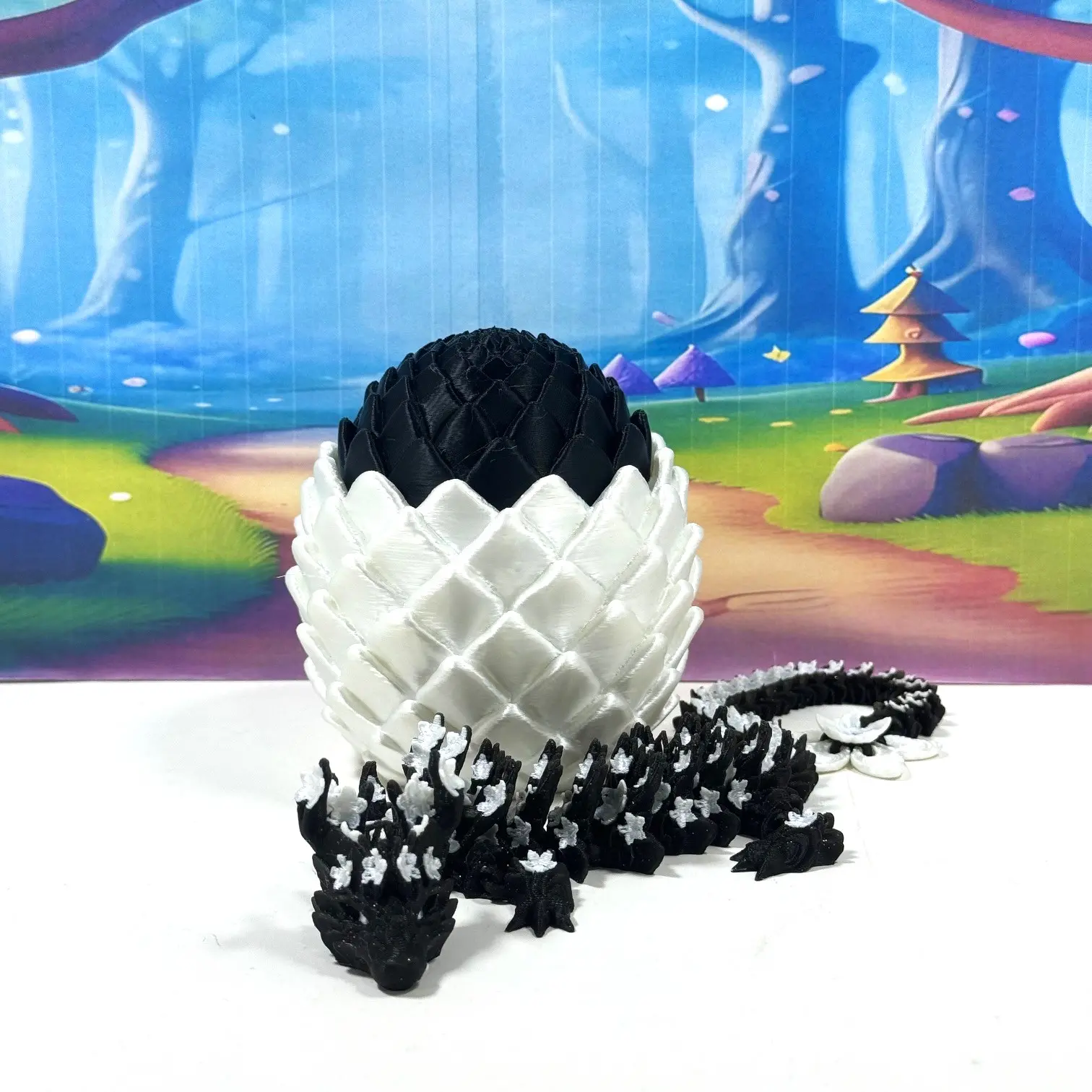 3D Printed Dragon with Egg, Articulated Black and White Cherry Blossom Dragon, 12 Inches Fidget ADHD Autism Toy D085-WBE