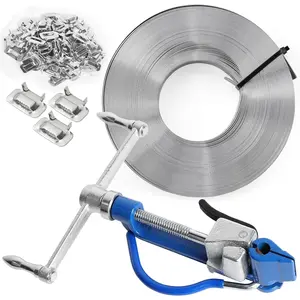 Steel Banding Strapping Kit - Banding Tool Strapping Tool Screw Spiral Tensioner, 3/4"x100Ft S304 Stainless Coil, 100pcs Ear-Lock Buckles, Silver