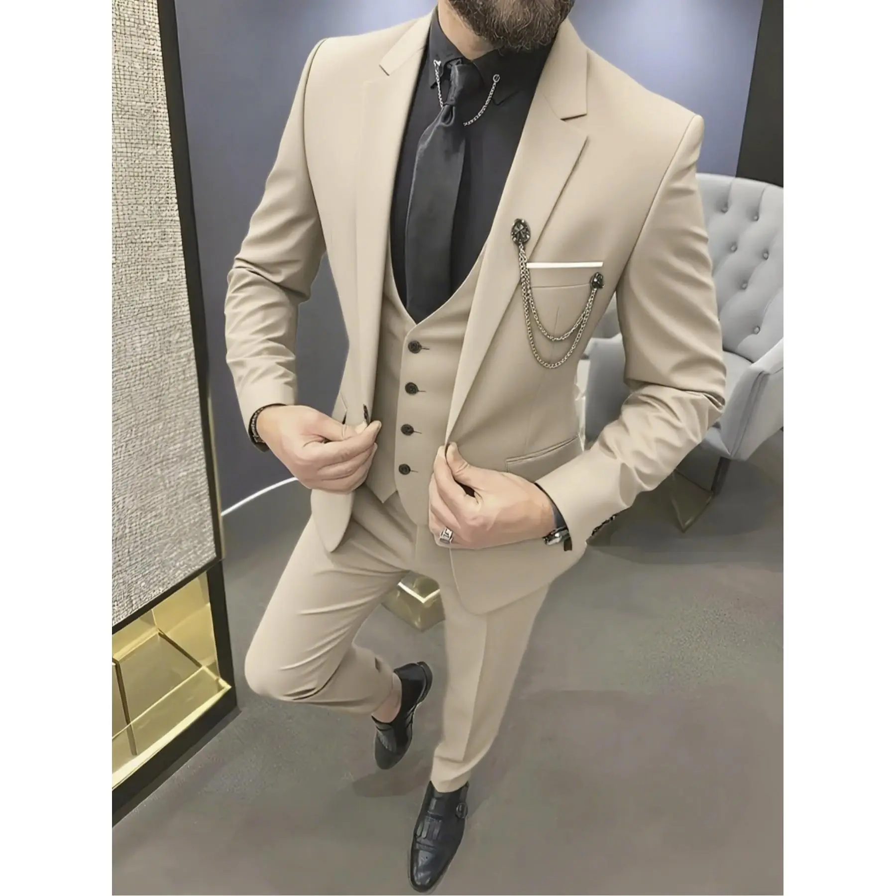 Men's 3-Piece Double Breasted Peak Lapel Long Sleeve Plain Formal Suit Set - Custom-Fitted Body-Fit Menswear for Wedding Guests, Evening Events, No