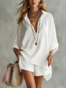 2026 Summer New Women's Fashion Solid Color Pocket Beach Shorts Shirt Set, Stylish and Comfortable for Warm Weather