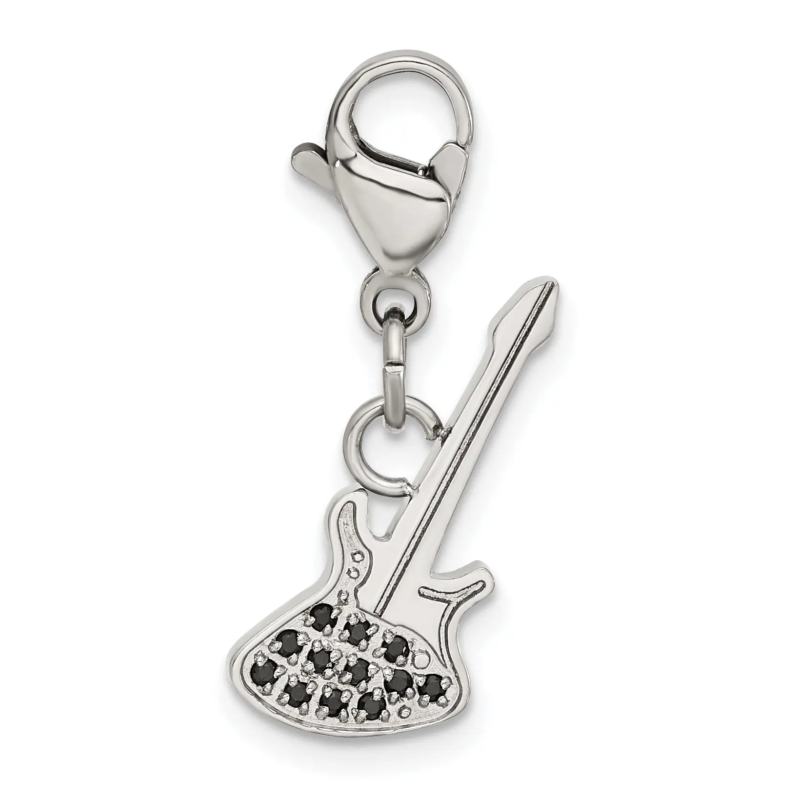 Black CZ Guitar Charm, Stainless Steel Music Accessory for Casual, Everyday Use - Classic, Plain, Simple Musical Instrument Charm