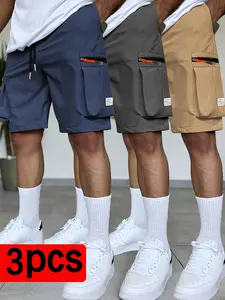 Men’s multi-pocket ripstop cargo shorts, three-pack, adjustable waist, outdoor shorts suitable for camping and travel — loose, casual straight-leg shorts