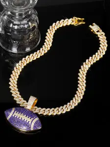 American Football Colored Diamond Pendant Necklace! Interwoven colored diamonds recreate the iconic football texture, paired with a fully iced-out Cuban link chain. It is the perfect personalized accessory for trendsetters and athletes alike.