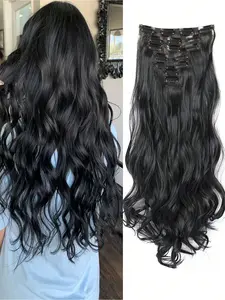 24 Inch Clip In Hair Extensions 7pcs Long Wavy Synthetic Black Hair Extension & Natural Soft Invisible Clip Thick Hairpieces for Women Daily