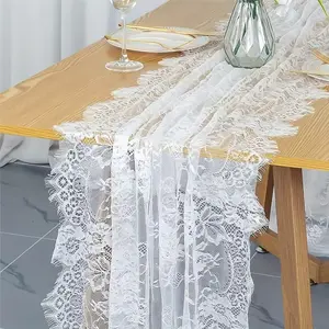 French Lace Table Runner Floral Edge Romantic Wedding Decoration, Elegant Linen Fabric Design, Perfect Gift Idea, Ideal, Highly Versatile