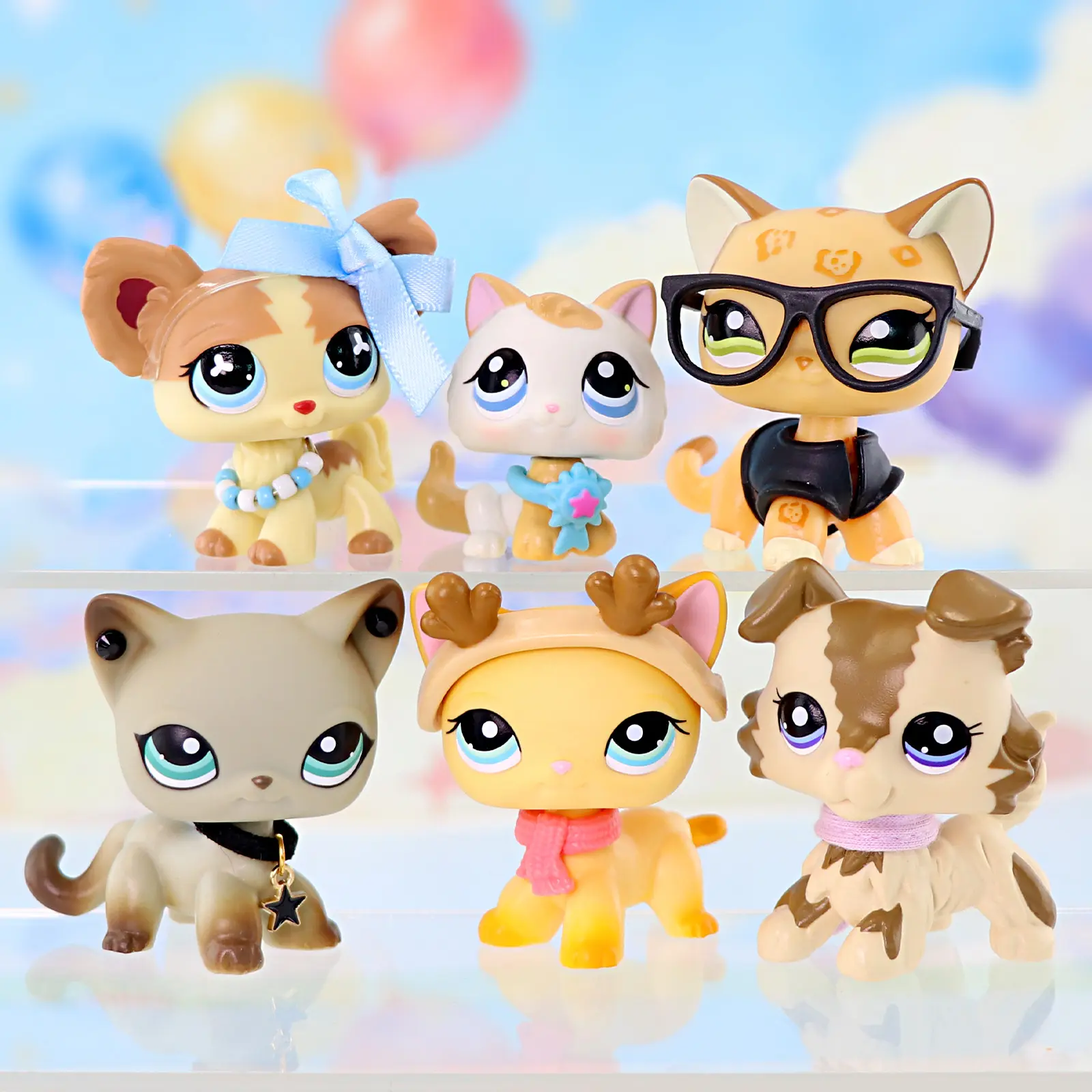 6 Pcs Mini Animal Figurines Set, Collectible Puppy & Kitty Figures with Fashion Accessories, Dress Up Mini Pet Toy Collection Gift for Kids Girls Birthday Party Decor