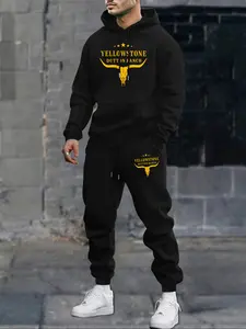 Men's "Yellowstone Dutton Ranch" Graphic 2-Piece Tracksuit Sweat Suits, Hoodie & Jogger Pants Set, Streetwear Fashion with Western Cowboy Design, Urban Outfit, Cotton Blend Activewear, TV Series Inspiration, Perfect for Daily Leisure