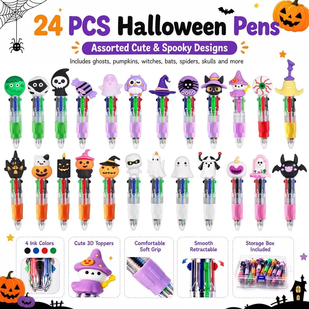 24Pcs Halloween 4-in-1 Multicolor Pens, Cute Pumpkin Ghost Bat Witch Skull Pens, Halloween Party Favors, Goodie Bag Stuffers, Classroom Rewards & Kids Gifts