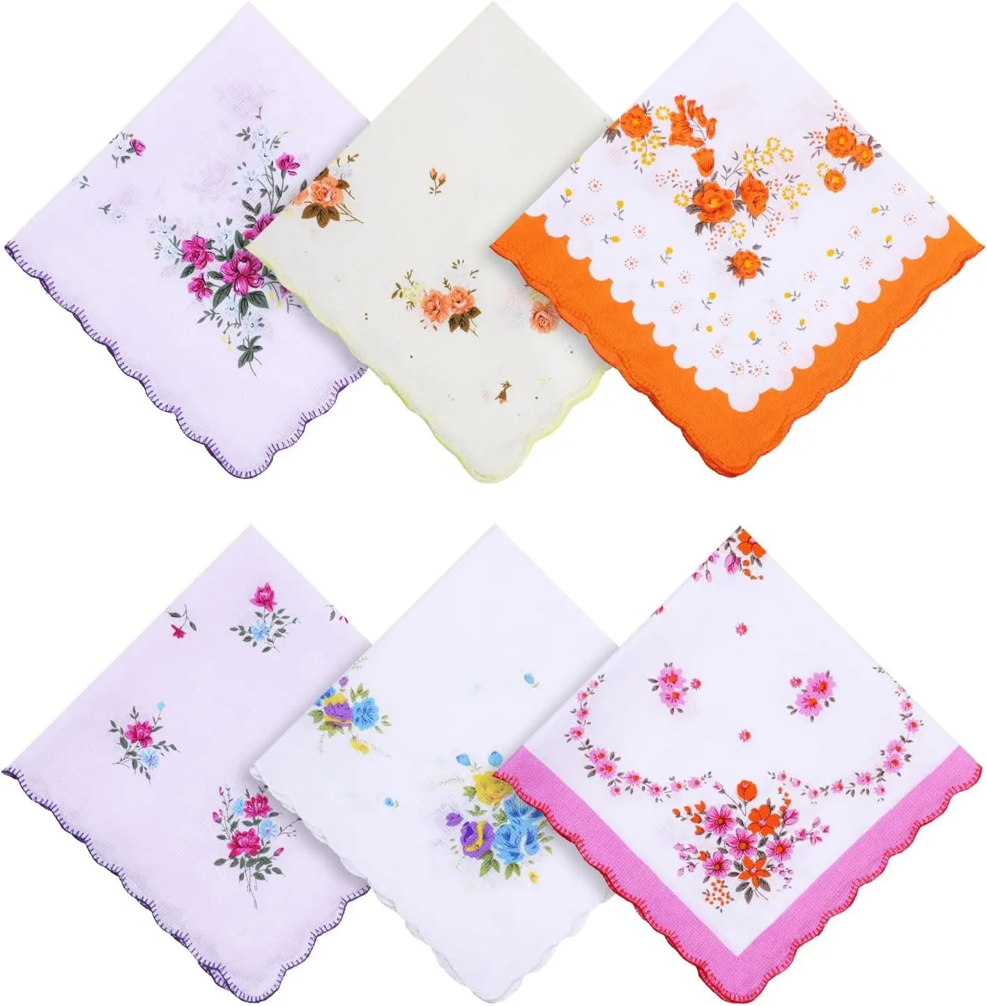 6 Pack Ladies' Vintage Floral Handkerchiefs Ladies Cotton Handkerchief Soft Women's Handkerchiefs Flower Embroidered Ladies Hankies Sweat Handkerchief for Wedding Party