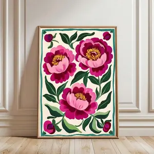 1pc Unframed Pink Peonies Flower Boho Wall Art Poster Canvas Print Minimalist Botanical Floral Abstract Vintage Painting For Dorm,Apartment,Living Room,Modern Home Decoration