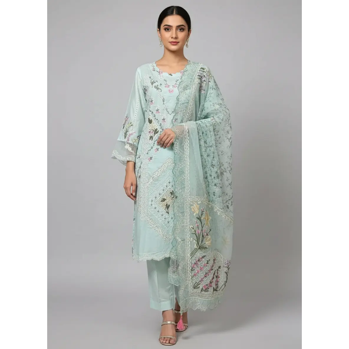Women's Crimson Elegant Solid Cotton Lawn Stitch 3-Piece Dress Set with Chikankari Floral Embroidery, Organza Dupatta, Sleeves & Trouser for Formal Events