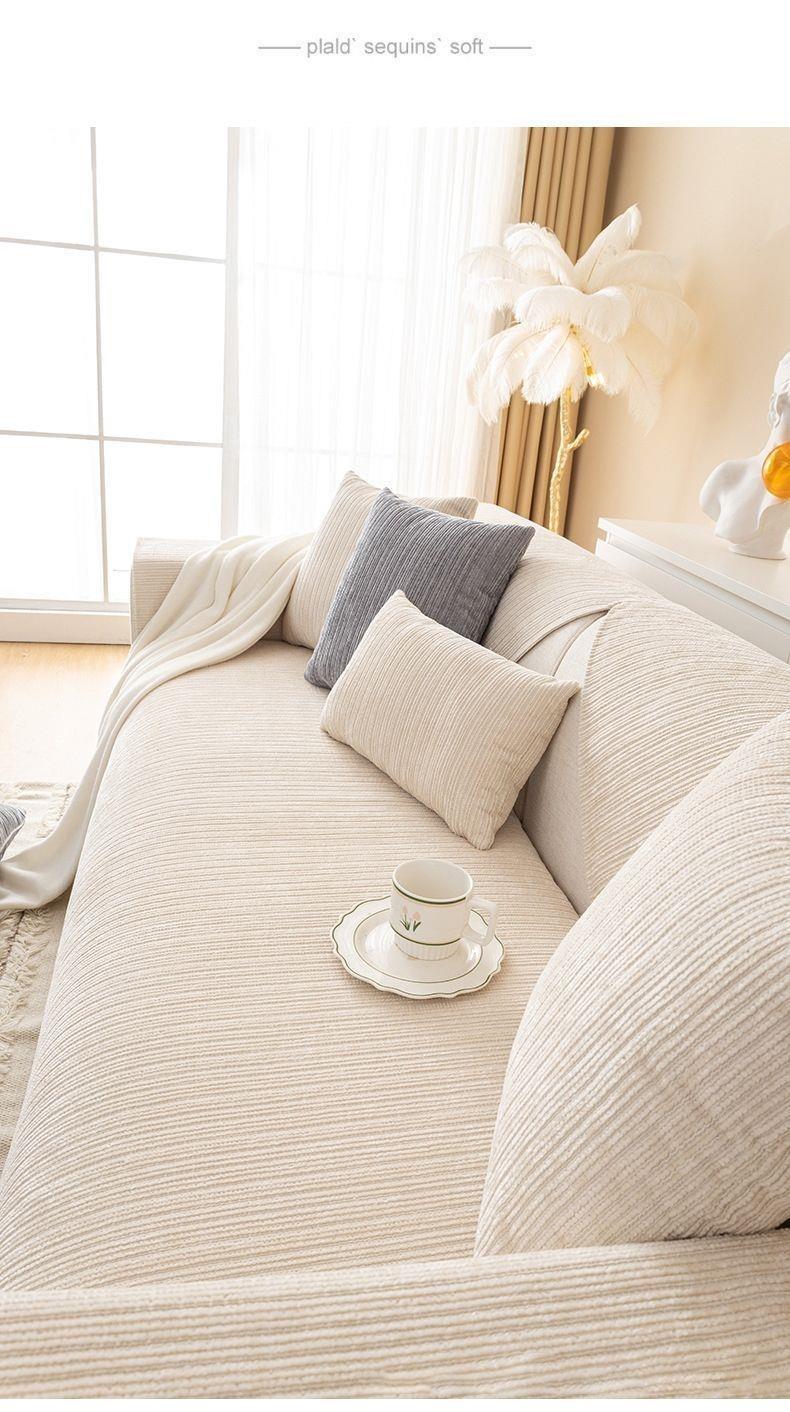 Effortless Neutral Couch Pad | Ribbed Beige Slipcover for Low-Key Luxury Aesthetics