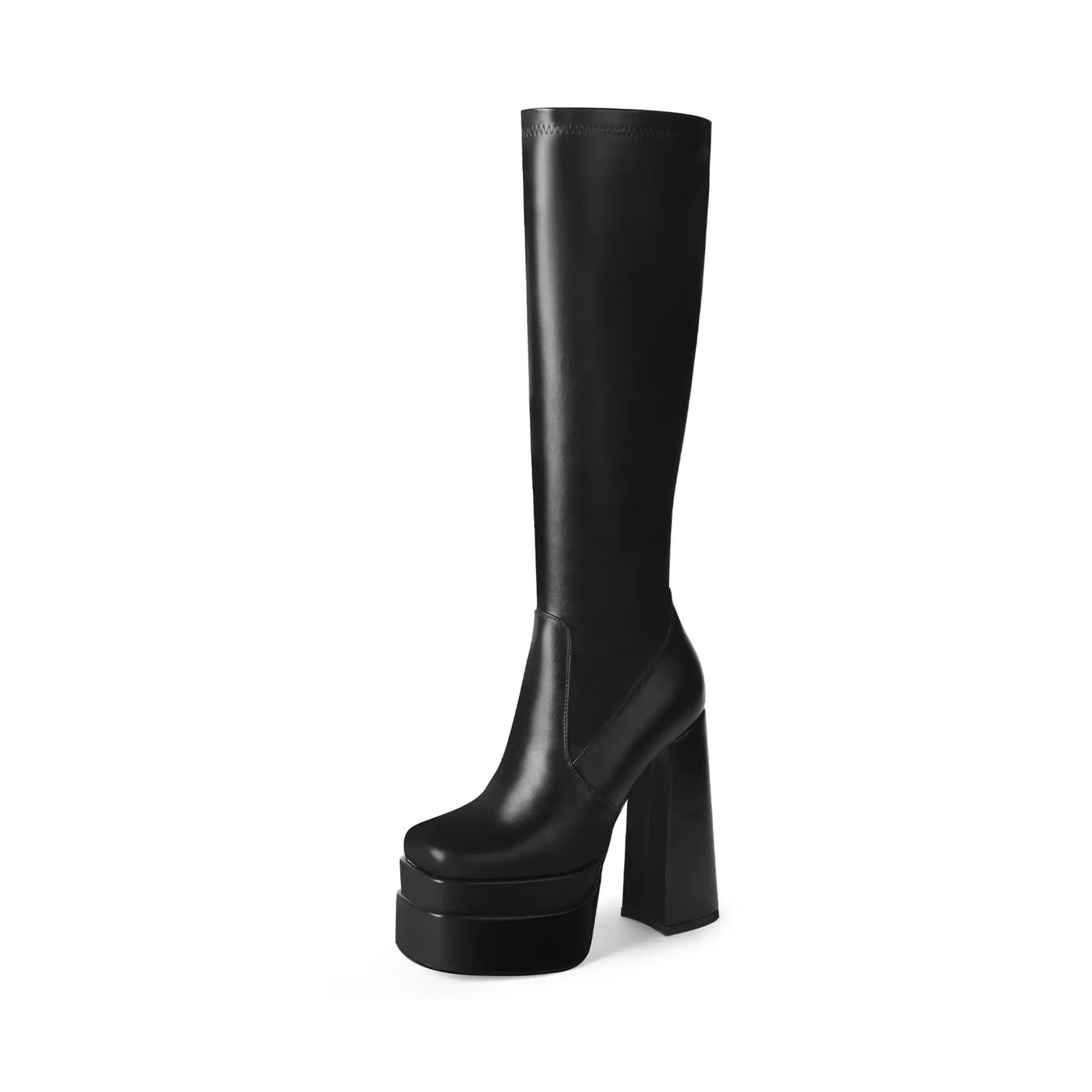 Patent Platform Knee High Boots – High Chunky Heel Square Toe Side Zipper Stretch Gogo Boots for Women