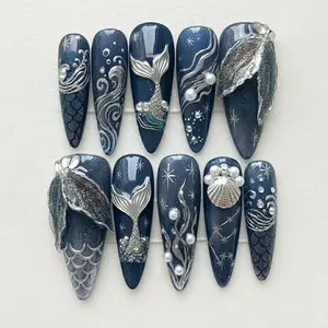 Ocean Press On Nails 3D Cat Eye Beach Tail Shell Blue Deep Sea Fantasy Mermaid Charm