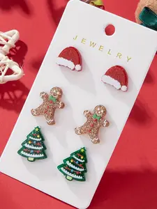 3 Pairs Acrylic Christmas Earrings Set, Cute Santa Hat & Gingerbread Man Design, Unisex Alloy Studs, Perfect Party Gift, All Seasons Wear
