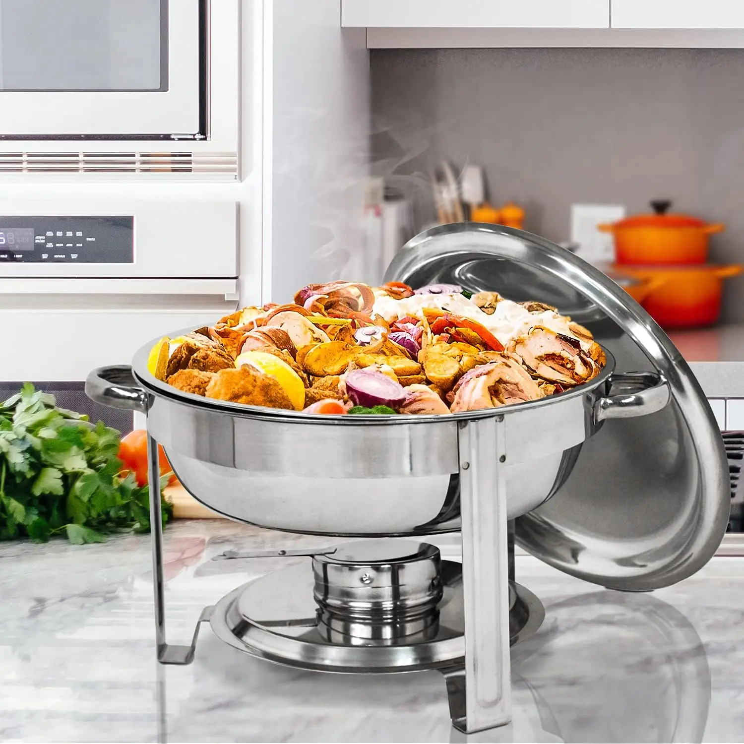 Segawe 5 Qt Round Stainless Steel Chafing Dishes Set - Silver Kitchenware for Food Service, Home, Wedding Banquet Buffet Catering