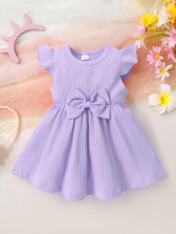 3-Piece Cute Fashionable Casual Comfortable Baby Girl Bow Decoration Floral Print Solid Color Ribbed Ruffle Edge Dress Gift Set Perfect for Summer Daily Outings Vacations and Parties
