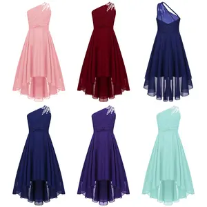 easyforever Kids Girls Chic Ruched Shiny Beaded Collarless One Shoulder Hem Irregular Length Party Dress for Evening Proms