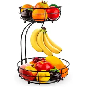 Iron 2-Tier Countertop Fruit Vegetables Basket Bowl Storage With Banana Hanger, Black, 64 ounces Organiser Smooth Mount Wall Hangable