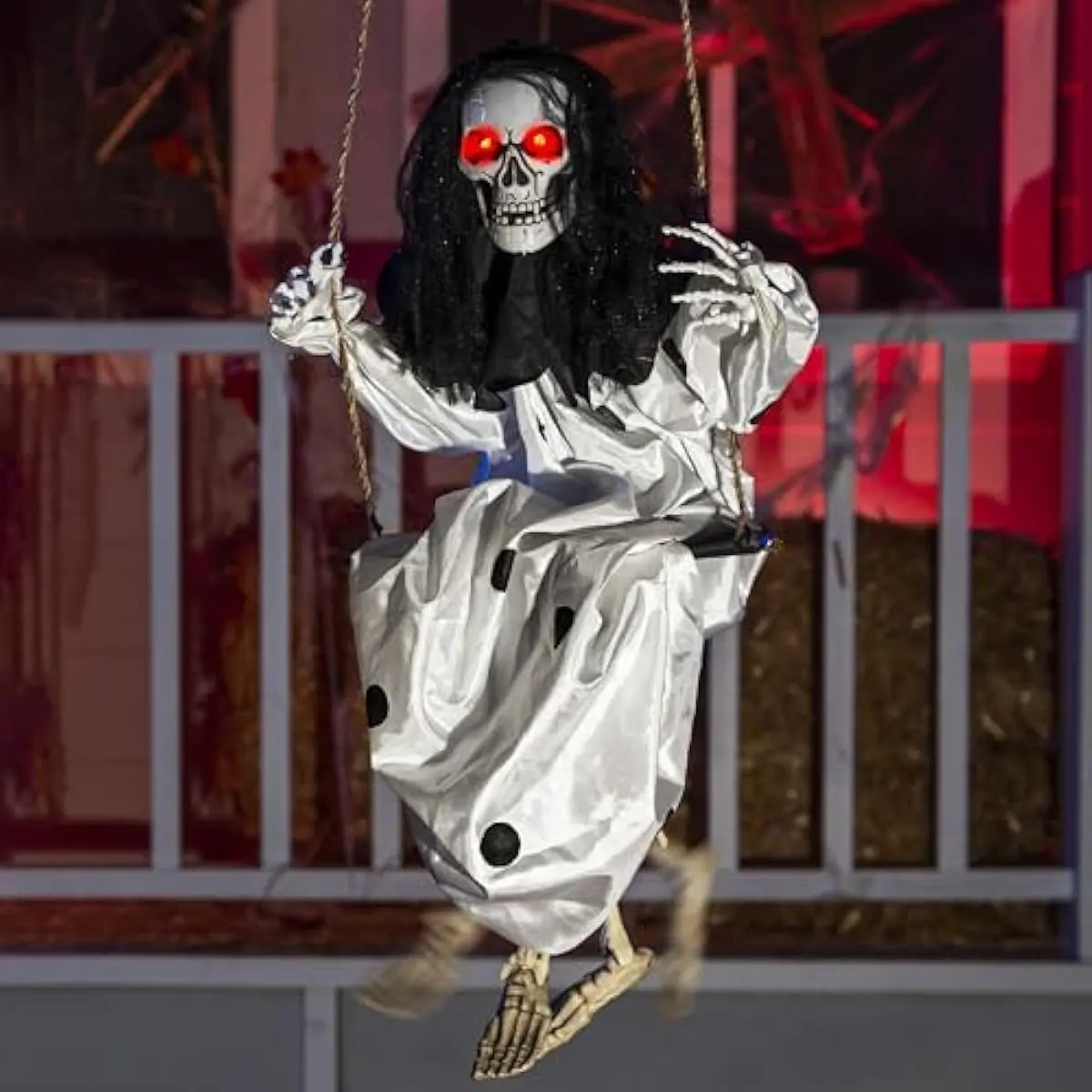 31" Halloween Animatronics Decorations Scary Swinging Clown, Outdoor Hanging Skeleton with Light-up Eyes and Kicking Legs, Sound Activated Ghost Decor for Haunted House, Lawn, Yard, Patio