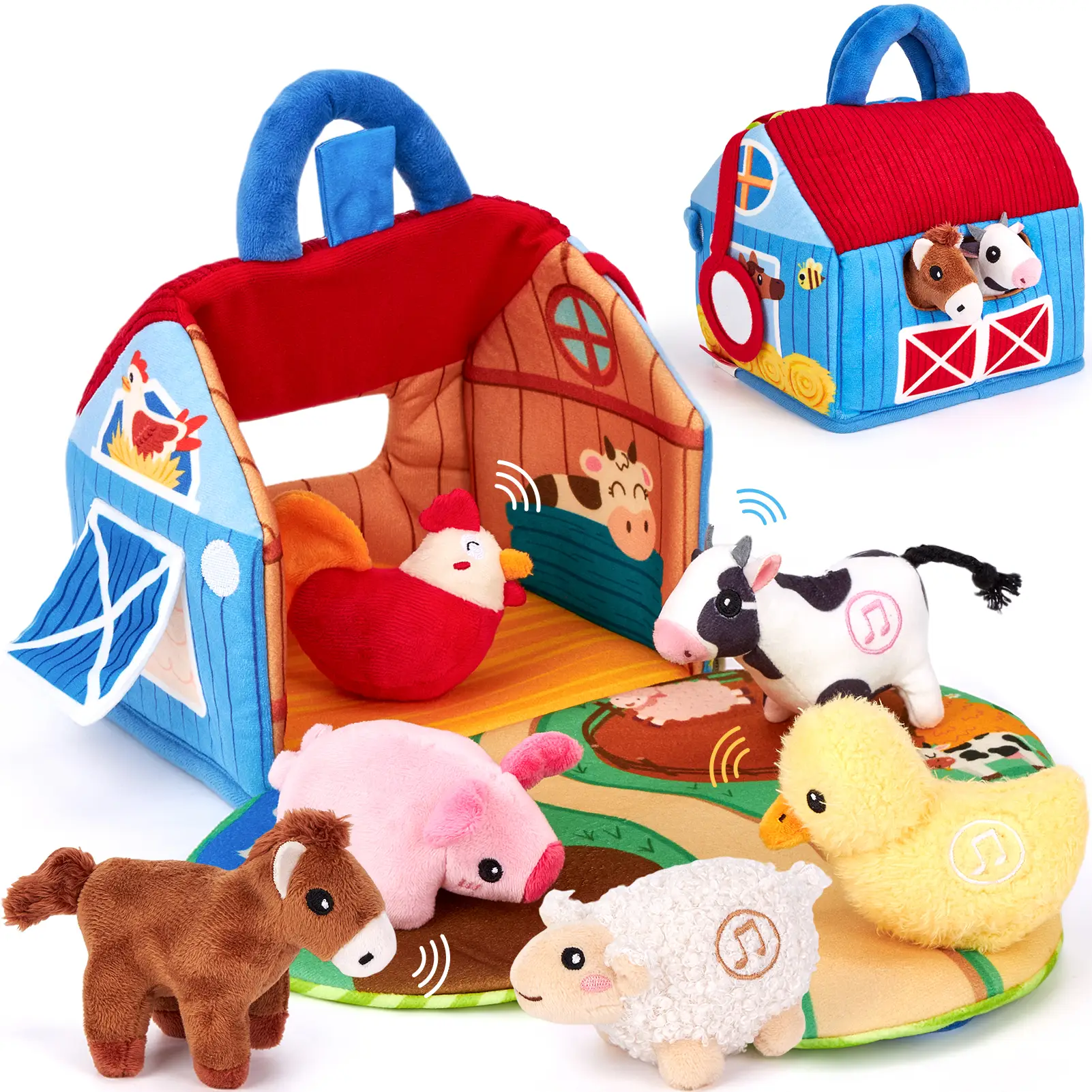 hahaland Baby Toys 6-12 Months - Surprise Barn with Stuffed Farm Animals with Real Sounds & Word Repeats, Mirror- Montessori Toys for 6 Month Old Baby