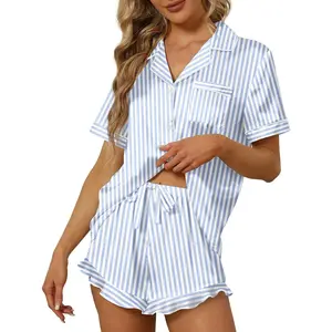 Satin Silk Pajamas for Women 2Pcs Ruffle Notch Collar Sleepwear Button Down Short Sleeve Shorts Pjs Set LoungewearGift