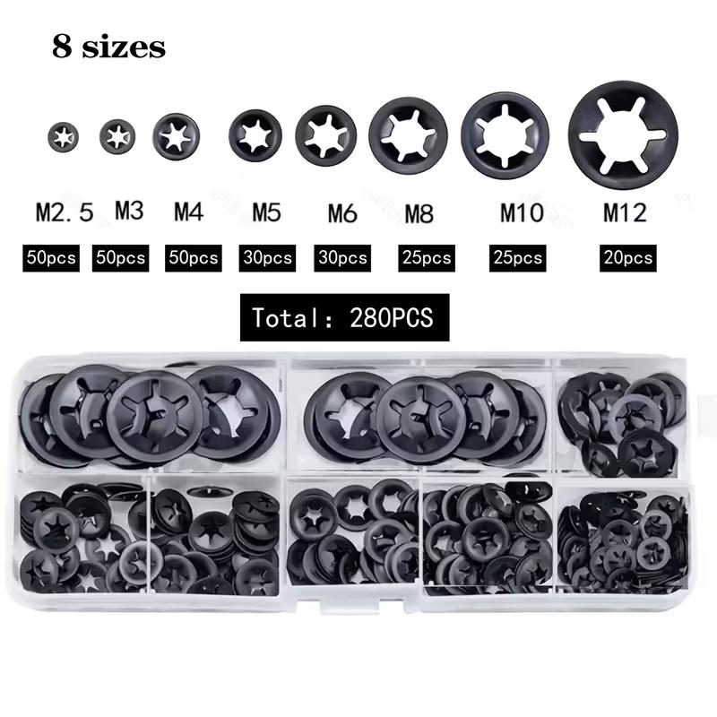 280 Pcs Internal Tooth StarLock Washers Assortment Kit 8 Sizes Quick Fastening Set 65Mn Steel Black Oxide Star Lock Washers for Hardware Repair Mechanical Fixing 280 Pcs Internal Tooth StarLock Washers Assortment Kit 8 Sizes Quick Fastening Set 65Mn Steel Black Oxide Star Lock Washers for Hardware Repair Mechanical Fixing