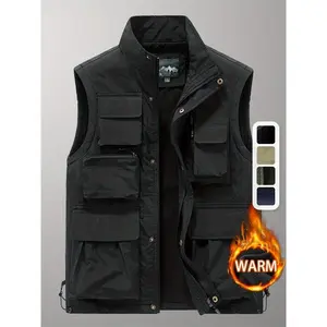 Men’s fleece-lined heated vest with multiple pockets and a stand collar, trendy outdoor casual warm breathable solid-color menswear top — oversized black gilet