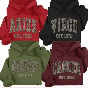 (LEAVE A NOTE OR DM SHOP) Full 12 Zodiac Leopard Print Hoodie - Minimalist Astrology Sign Pullover with Optional EST Birth Year -