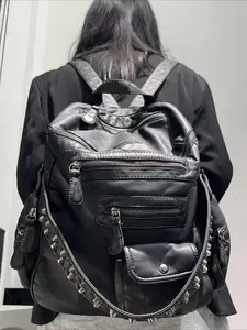 Ladies' retro cool backpack, personalized Y2K spicy girl motorcycle bag, street style washed imitation leather city bag, suitable for work, commuting, casual travel backpack, large capacity multi pocket shoulder bag, backpack