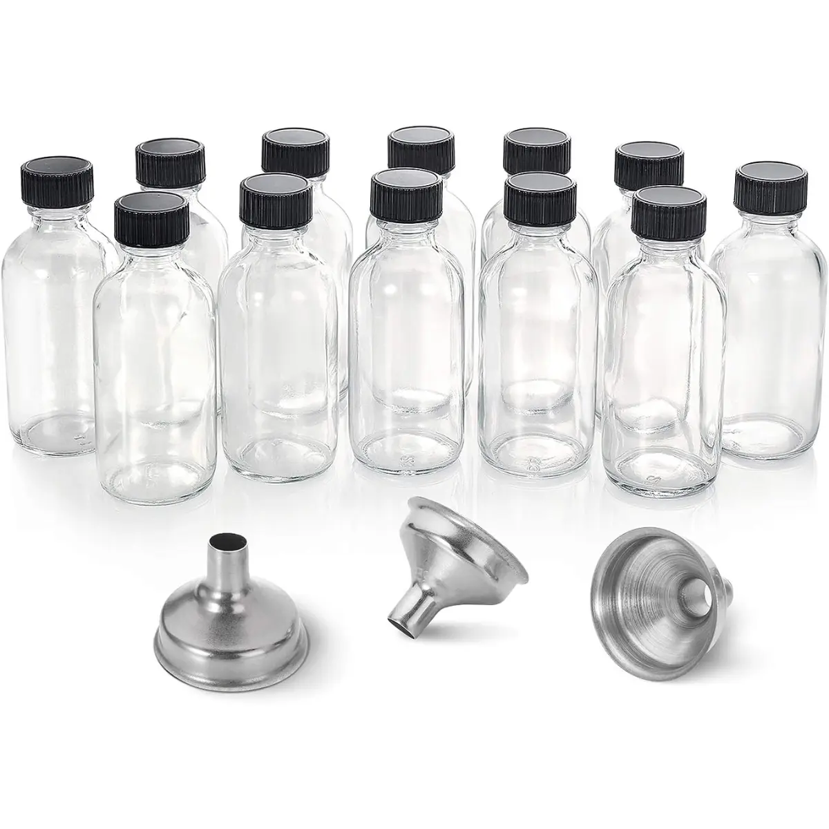 12 Pack, 2 oz Small Clear Glass Bottles w/ Lid & 3 Stainless Steel Funnels - 60ml Boston Sample Bottles - Mini Travel Essential or Decorative Bottles