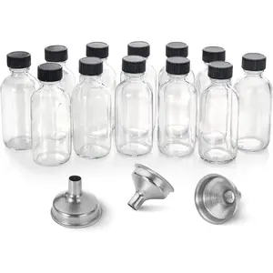 12 Pack, 2 oz Small Clear Glass Bottles w/ Lid & 3 Stainless Steel Funnels - 60ml Boston Sample Bottles - Mini Travel Essential or Decorative Bottles