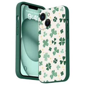 ST Patrick's Four Leaf Lucky Grass Pattern Straight Edge Phone Case for iPhone 16 15 14 Pro Max 13 12 11 XR XS Plus Shockproof Full Camera Protective Durable slim Silicone Cover Cellphone Protective
