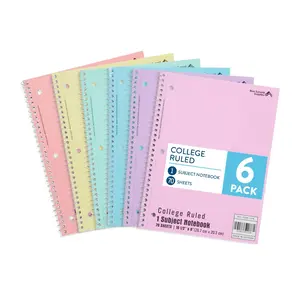 Pastel Spiral Notebook College Ruled, One Subject School Notebooks Spiral, Perforated Notebooks Bulk, 8 x 10.5 School Book, Paper, College Ruled, 6 Pack