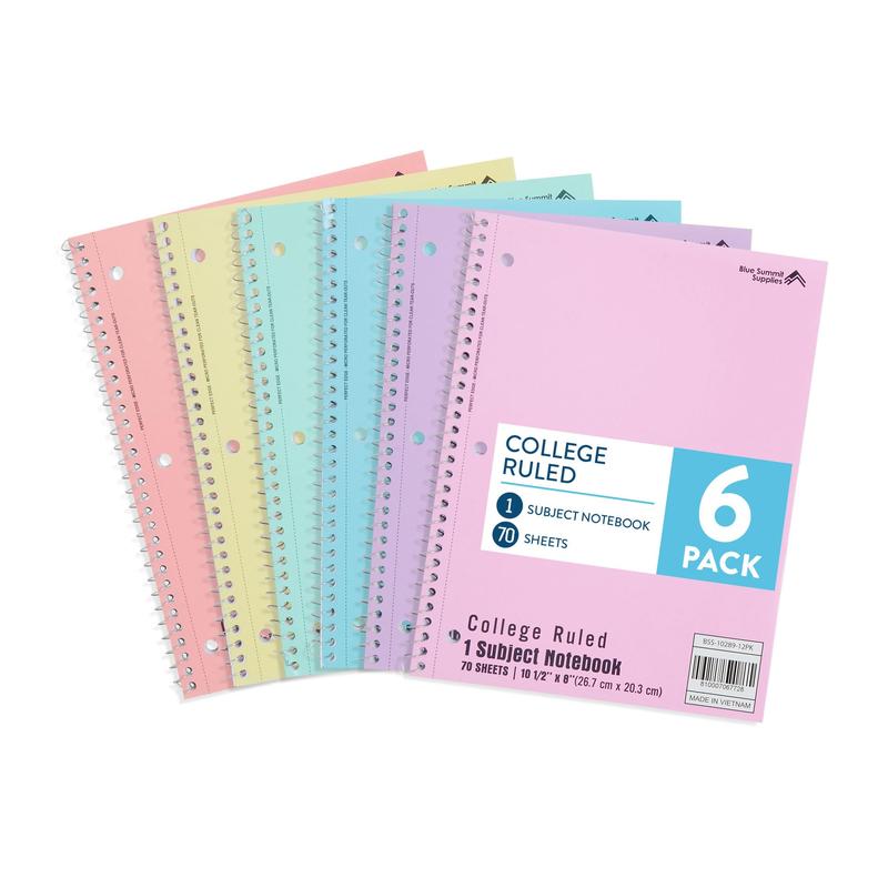 Pastel Spiral Notebook College Ruled, One Subject School Notebooks Spiral, Perforated Notebooks Bulk, 8 x 10.5 School Book, Paper, College Ruled, 6 Pack